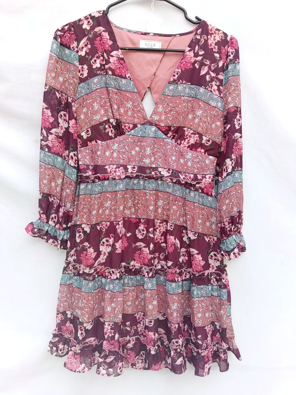 SAGE The Label Floral Tiered V-Neck Mini DressPink Boho Long Sleeve Small